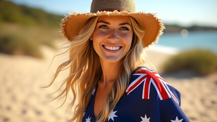 Happy Australia Day Woman wearing Australian flag things.