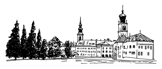 Obraz premium historic monastery with tower and evergreen trees