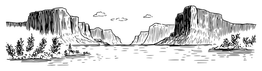 canyon cliffs and river valley with shrubs © Kaz