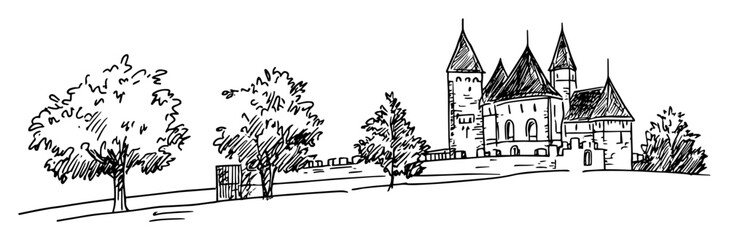 Obraz premium medieval castle with towers and trees on grassy hill