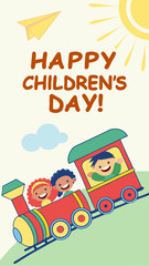 Colorful Children&rsquo;s Day flyer with kids riding a bright cartoon train. Joyful sky background with sun, clouds, and paper airplane. Bold, multicolored &ldquo;Happy Children&rsquo;s Day&rdquo; text on top.