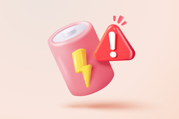 3d low battery pictogram with warning status isolated on background. Level energy power, sign charge indicator lightning for power fuel is out of charge. 3d solar cell icon vector render illustration