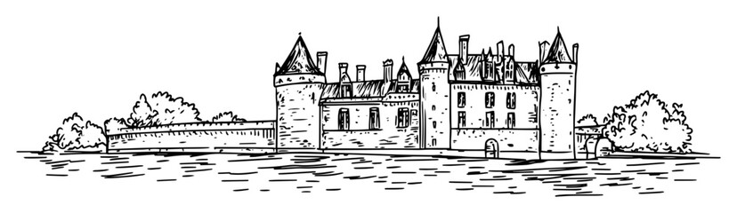 Obraz premium french renaissance castle with moat and towers