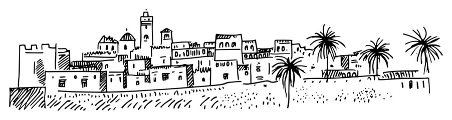 Obraz premium mediterranean townscape with palm trees sketch