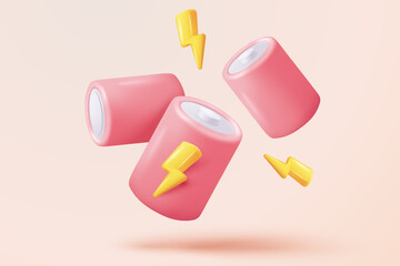 3d full battery status isolated on pink background. Level battery energy power, sign charge indicator lightning for power fuel concept. 3d solar cell icon vector render illustration