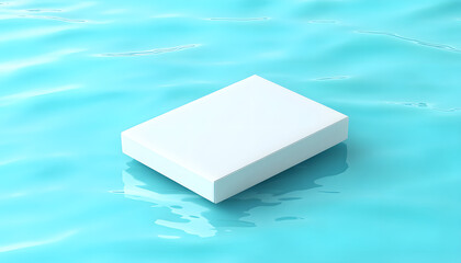 blank white package floating on turquoise water isolated packaging mockup concept clean product presentation e commerce background
