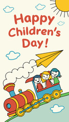 Fototapeta premium Colorful Children’s Day flyer with kids riding a bright cartoon train. Joyful sky background with sun, clouds, and paper airplane. Bold, multicolored “Happy Children’s Day” text on top.