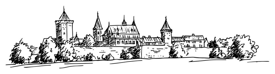 Obraz premium gothic castle complex with towers and surrounding trees