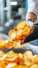 Freshly made potato chips scooped from production line at snack factory