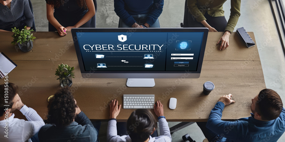 Poster cyber security system on computer screen protect private information brisk from hacker and cyber att