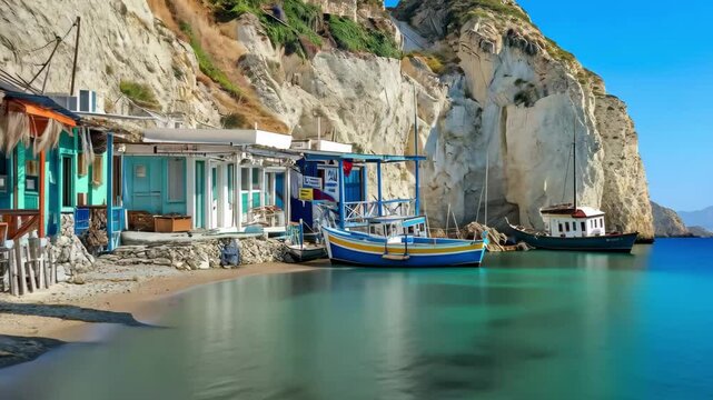 Serene Agios Konstantinos beach in Milos island showcases colorful fishing village charm, Agios Konstantinos beach fishing village Milos island, Greece