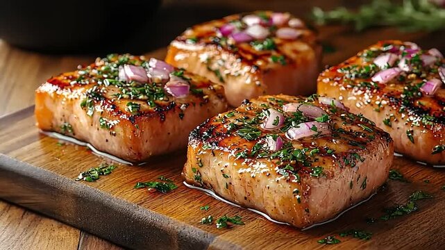 Delicious pork chops seasoned with fresh herbs and shallots on wooden cutting board