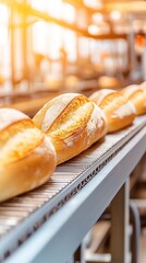 Fresh bread loaves on production line in bakery factory setting