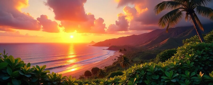 Serene Hawaiian sunrise over lush volcanic hills, palm trees swaying gently in the warm Pacific breeze, a tranquil paradise scene Perfect for travel and tourism marketing , island life, tropical