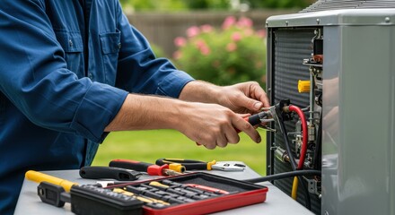 A technician repairs an AC unit with tools in a backyard