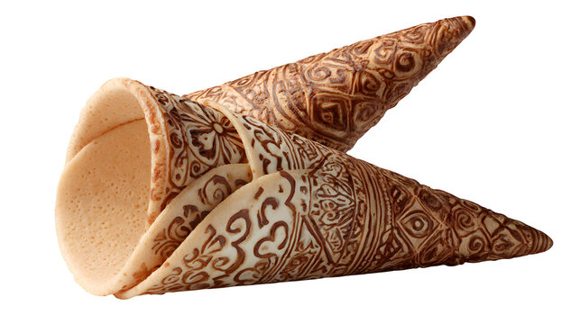 "Norwegian krumkake cone cookies with intricate pattern, isolated on transparent background 