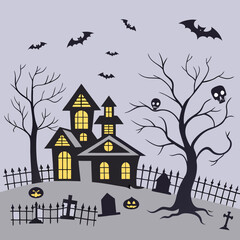 Set of silhouettes for halloween gloomy house, sinister trees, fences, graves, skulls, pumpkins and bats. Vector illustration