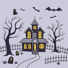 Set of silhouettes for halloween gloomy house, sinister trees, fences, graves, skulls, pumpkins and bats. Vector illustration