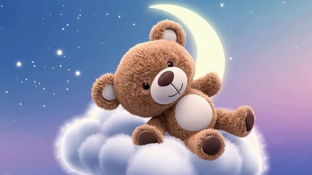 Cute teddy bear floating on glowing cloud under dreamy night sky with crescent moon