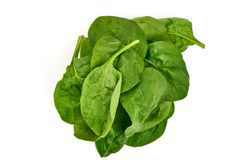 Fresh Green Spinach Leaves, Top View, Isolated on White Background.