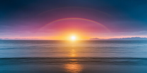 Obraz premium Vibrant Rainbow Over Calm Ocean Waters at Sunset for Weather and Nature Photography Marketing