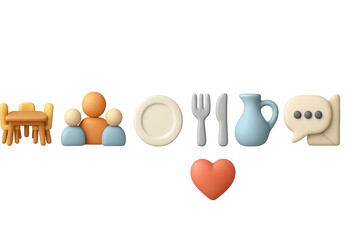 Family Mealtime Icons. 3D icons set of family mealtime together: dinner table, family silhouettes, plate set, cutlery, water jug,