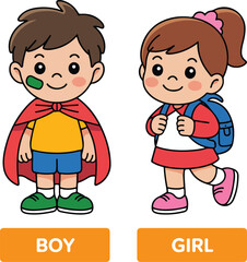 Boy and Girl Cartoon Characters Ready for School