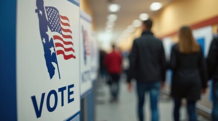 Polling stations for American elections with blurred people in line. Concept of American elections, voting, parliamentary and presidential democracy in America and the United States