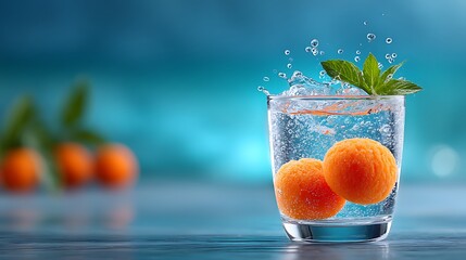 sparkling mineral water colliding with a scoop of vibrant sorbet, fizzy bubbles and icy fruit splash mixing in a crystal-clear, refreshing scene 