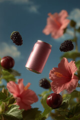 a sparkling water can suspended in air, surrounded by an elegant burst of flowers, advertisement mock up