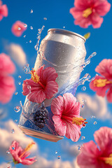 a sparkling water can suspended in air, surrounded by an elegant burst of flowers, advertisement mock up