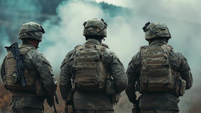 Elite special forces soldiers assessing situation in hostile terrain during tactical operation, Elite special forces soldiers, back view in a hostile warzone environment