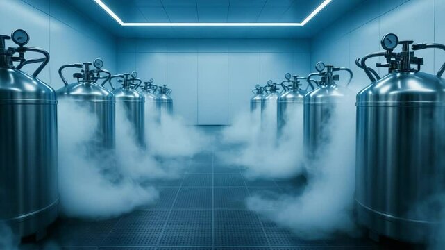Row of cryogenic storage tanks releasing cold vapor in a high-tech laboratory, symbolizing advanced biotechnology, cryopreservation, and medical science.
