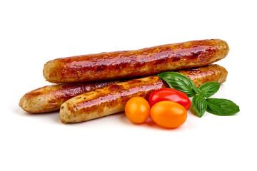 Roasted BBQ Sausages, isolated on White Background.