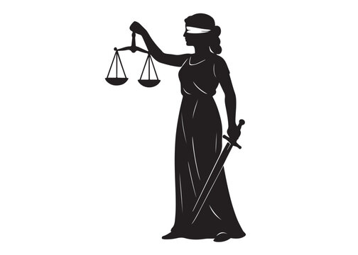 justice scales lady logo silhouette vector, lady justice logo  icon silhouette, woman holding scales of justice silhouette lady lawyer logo design vector illustration silhouette on a white background 