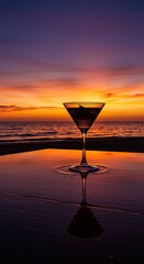 Evening serenity: martini glass reflecting sunset over the ocean horizon