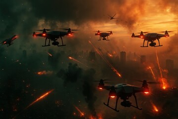 ドローン群が都市を攻撃する空中戦のイメージ