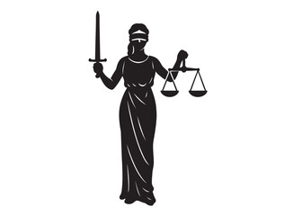 justice scales lady logo silhouette vector, lady justice logo  icon silhouette, woman holding scales of justice silhouette lady lawyer logo design vector illustration silhouette on a white background 