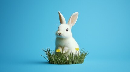 Cute and Fluffy White Rabbit Sitting in Green Grass with Yellow Flowers on Blue Background