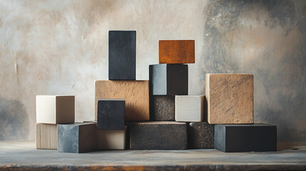 Stacked Wooden and Metal Cubes on Rustic Surface