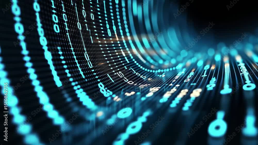 Poster Digital matrix background featuring glowing blue data streams and numbers in a futuristic design, Animated background in digital matrix style with cascade of blue binary numbers on black background