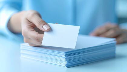 Elegant presentation of a blank business card held over a stack of papers