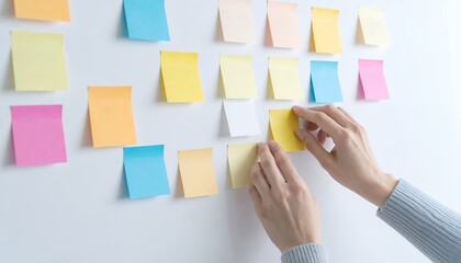 Colorful adhesive notes on a white wall for brainstorming and planning sessions