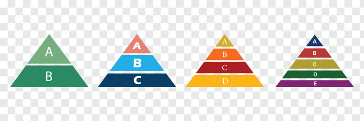 Levels of triangular pyramid. Pyramid infographic set. Business concept. Triangle hierarchy data segments collection. Half triangle pyramid chart. Vector illustration. Eps file 90.