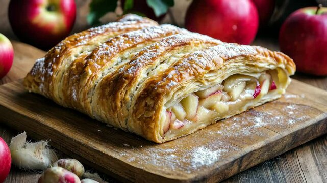 Freshly baked apple strudel resting on a wooden cutting board with red apples in the background, Freshly baked apple strudel on wooden cutting board with apples in background