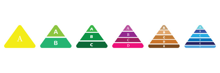 Pyramid infographic set. Levels of triangular pyramid. Triangle hierarchy data segments collection. Business concept. Half triangle pyramid chart. Vector illustration. Eps file 93.