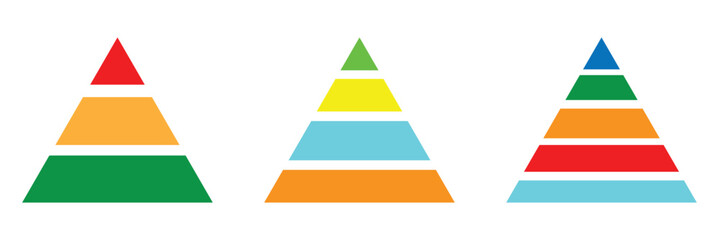 Levels of triangular pyramid. Pyramid infographic set. Triangle hierarchy data segments collection. Business concept. Half triangle pyramid chart. Vector illustration. Eps file 91.
