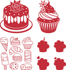 Cute seamless pattern of cartoon cupcakes and cakes with sweet decorations in a vector illustration