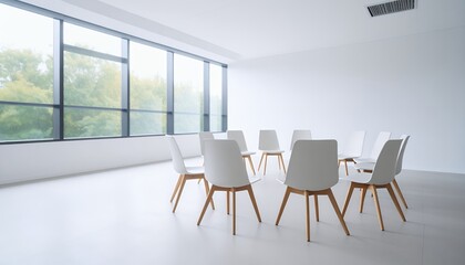 Minimalist meeting space: White chairs form a circle near a large window