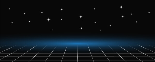 Retro cyberpunk style 80s game scene pixel art 8-bit sci-fi background. glowing neon grid and stars from vintage arcade computer games.